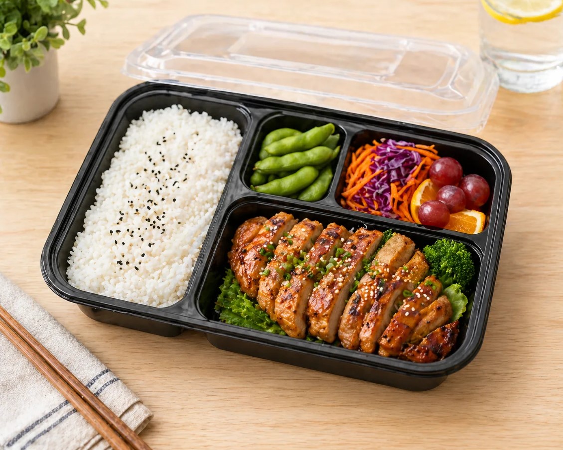 Two-tier stackable wood-lid bento box set with a carrying strap, matching utensils, and compartments filled with rice, salmon, salad and fruit